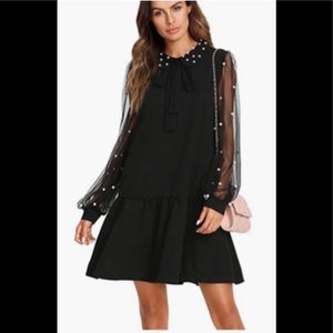 Womens Mesh Long Sleeve Pearl Accents Zip Up Tunic Dress